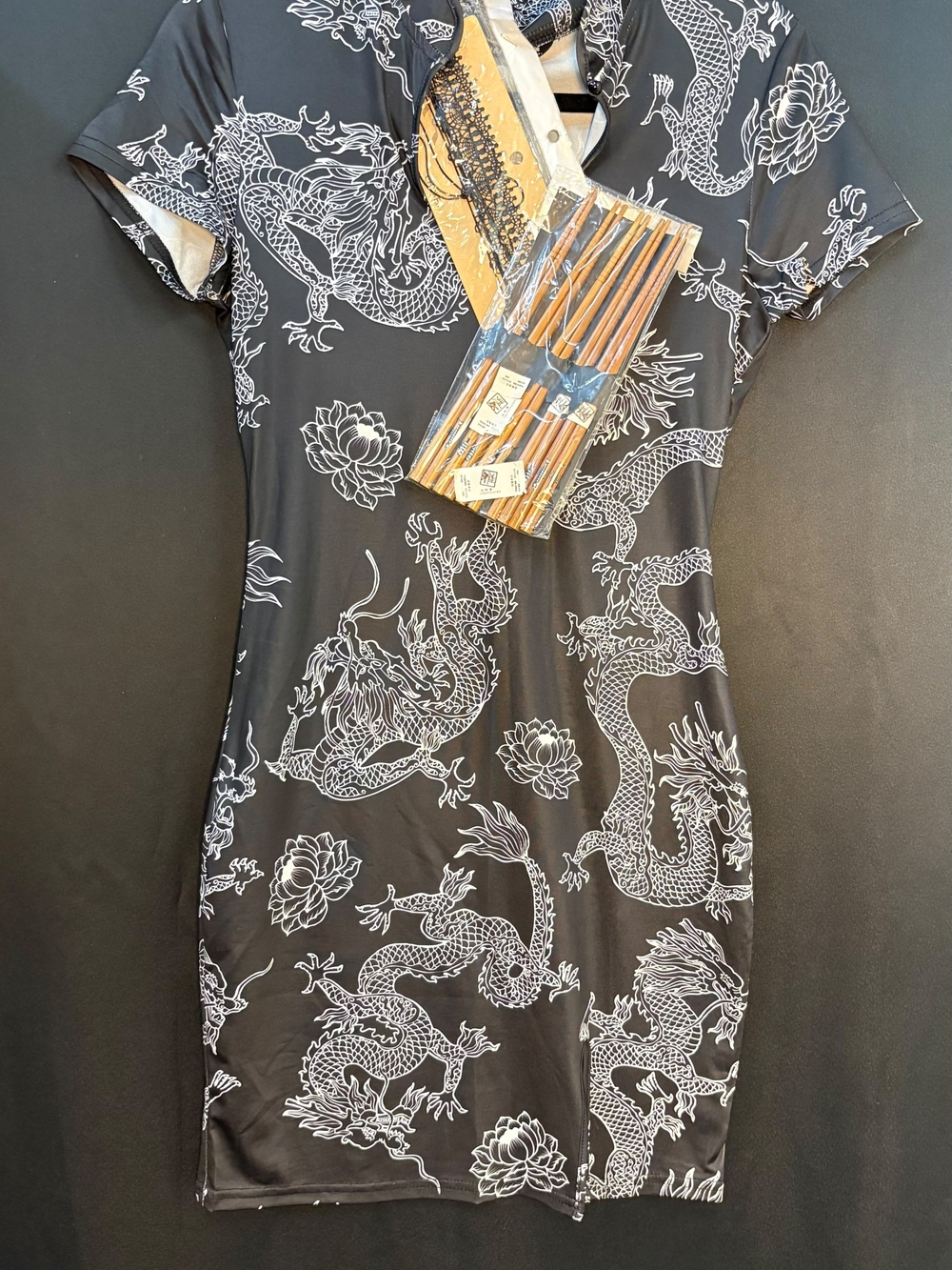 SHEIN Black Mini Dress with White Dragon Print